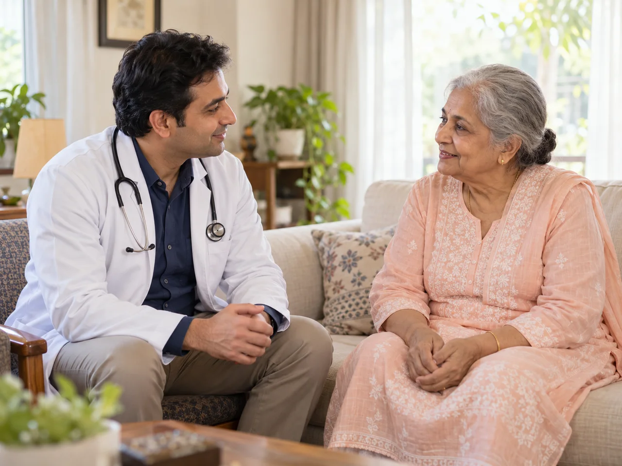 AI-generated illustrative image of a doctor and an older woman talking during a home visit